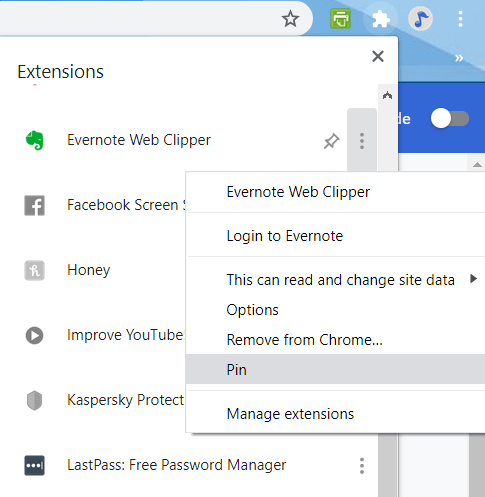 Скрыть расширения Расширение Chrome Pin