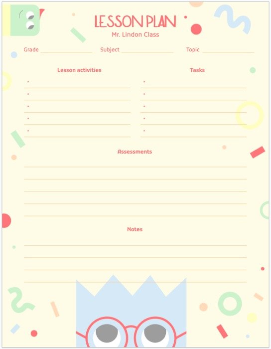 Веселый шаблон плана урока для Google Docs