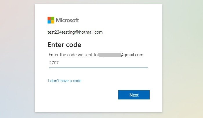 Код восстановления Hotmail отправлен по электронной почте