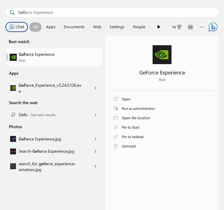 GeForce Experience в поиске в меню «Пуск».