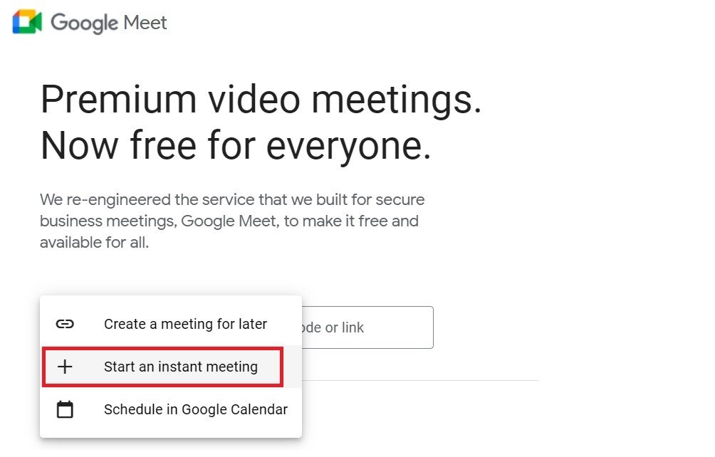 Начните мгновенное собрание в Google Meet онлайн.