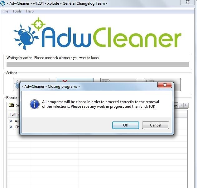 Закройте нежелательные программы с помощью AdwCleaner.