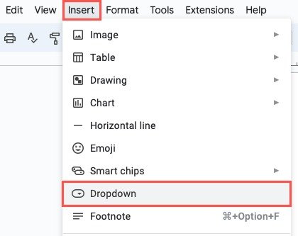 Раскрывающийся список в меню «Вставка» Документов Google.