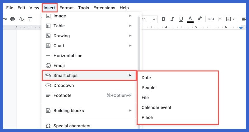 Меню Smart Chips в Google Docs