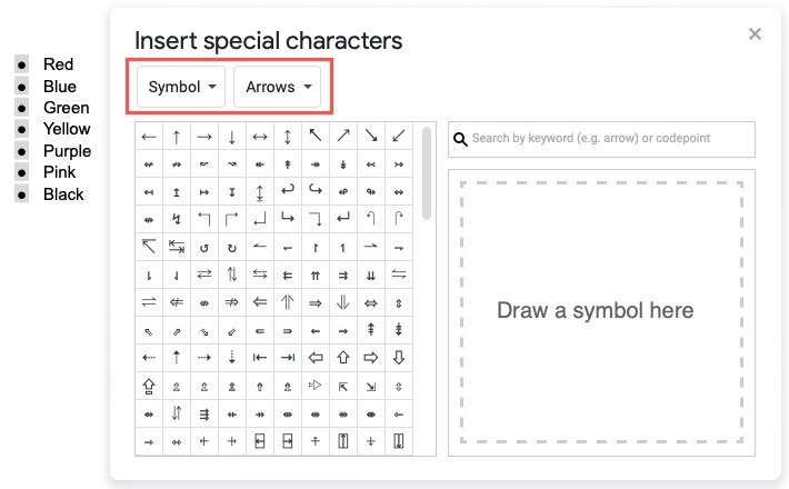 Поле «Вставка специальных символов» со списками символов и стрелок.