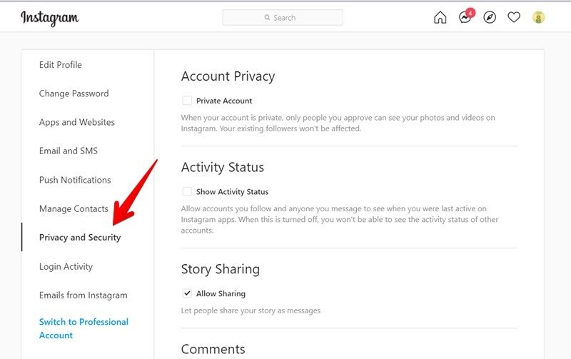 Конфиденциальность и безопасность учетной записи Instagram ПК