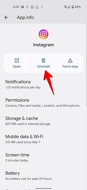 Удаление приложения Instagram на Android