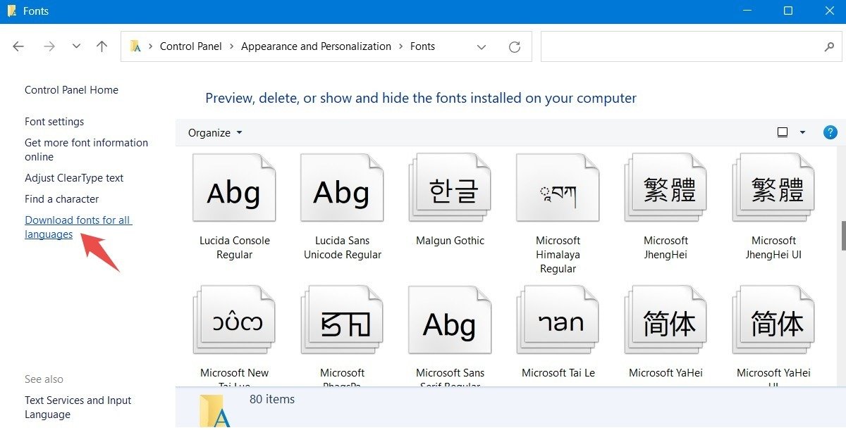 Загрузите шрифты для всех языков в Панели управления.
