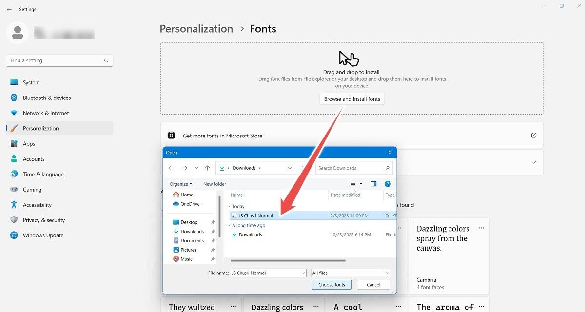 Перетащите шрифты, загруженные из Microsoft Store.