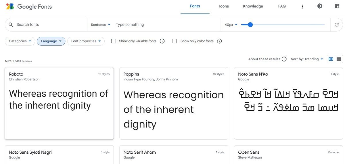 Доступны разнообразные шрифты Google Fonts.