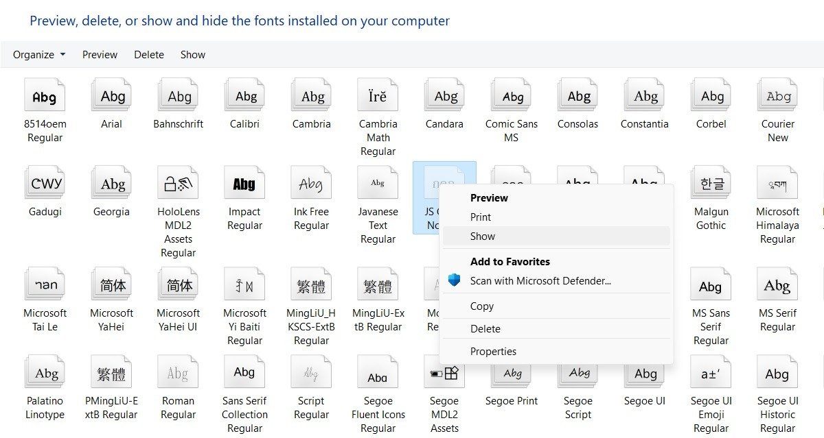 Отобразите шрифты на панели управления, щелкнув шрифт правой кнопкой мыши.