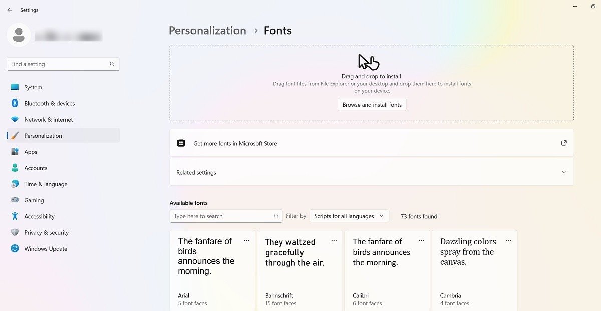 Настройки персонализации шрифтов в Windows 11.