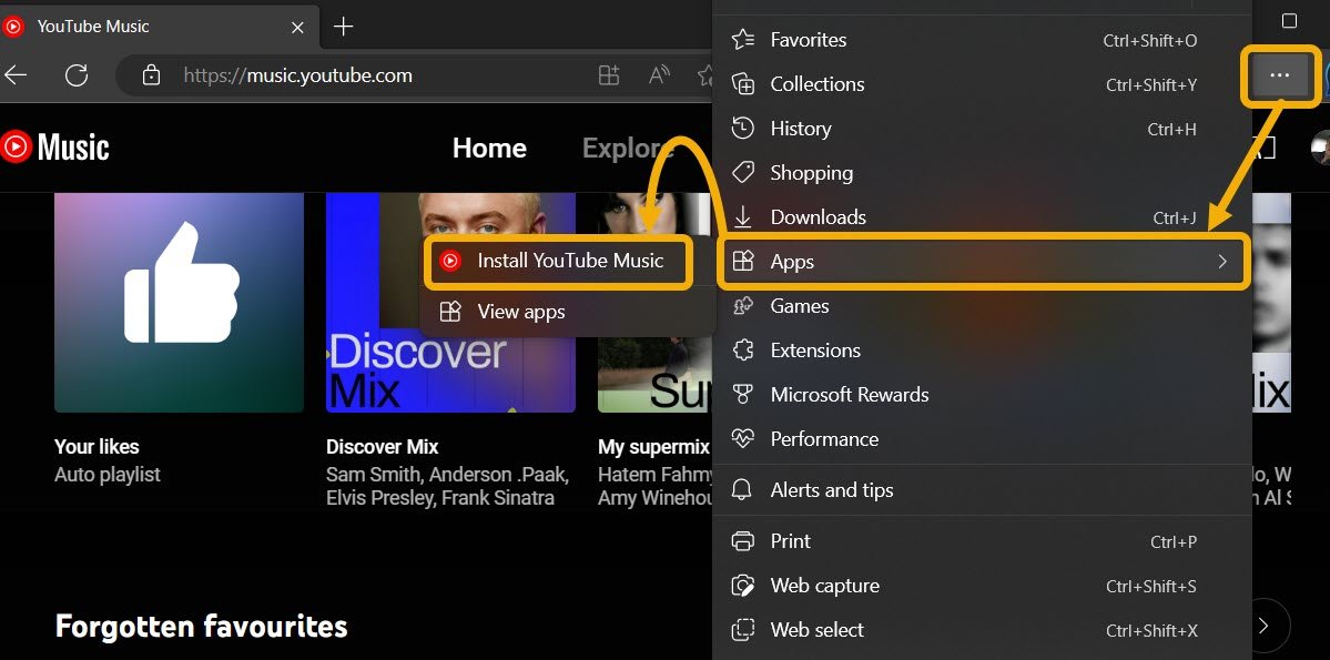 Нажмите «Установить YouTube Music» в браузере Microsoft Edge.