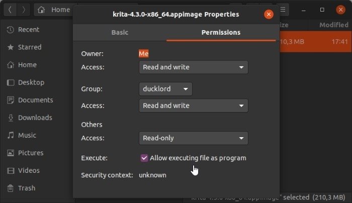 Установите последнюю версию Krita в Ubuntu, разрешите выполнение как программы