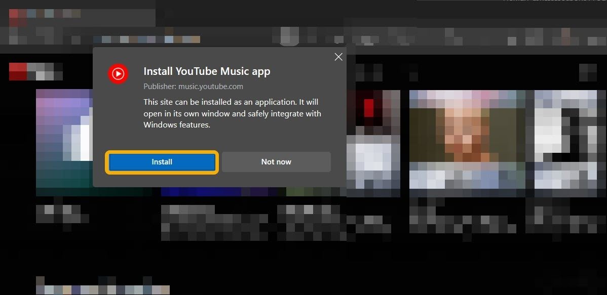 Всплывающее окно с подтверждением установки приложения YouTube Music.