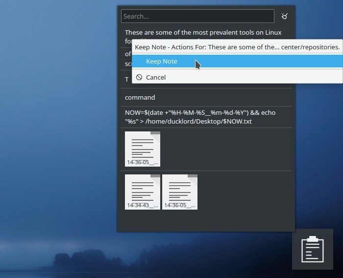 Виджет буфера обмена Kde Txt-заметки Действие пользователя