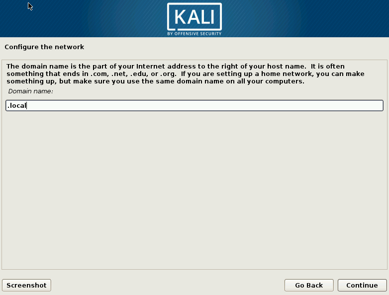 Kali Linux: экран выбора доменного имени