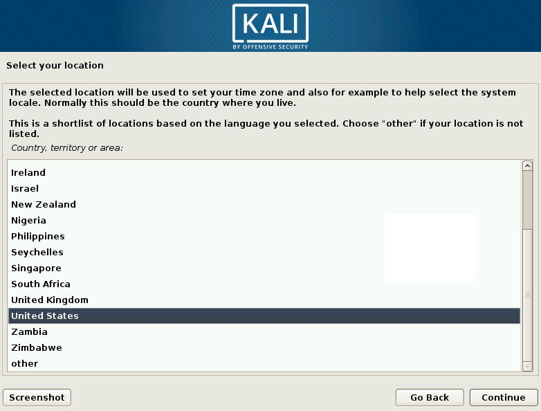Kali Linux: экран выбора местоположения