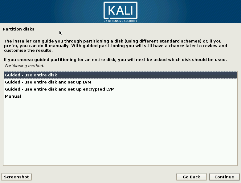 Kali Linux: экран выбора метода разделения