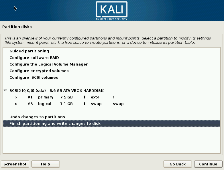 Последний экран раздела Kali Linux