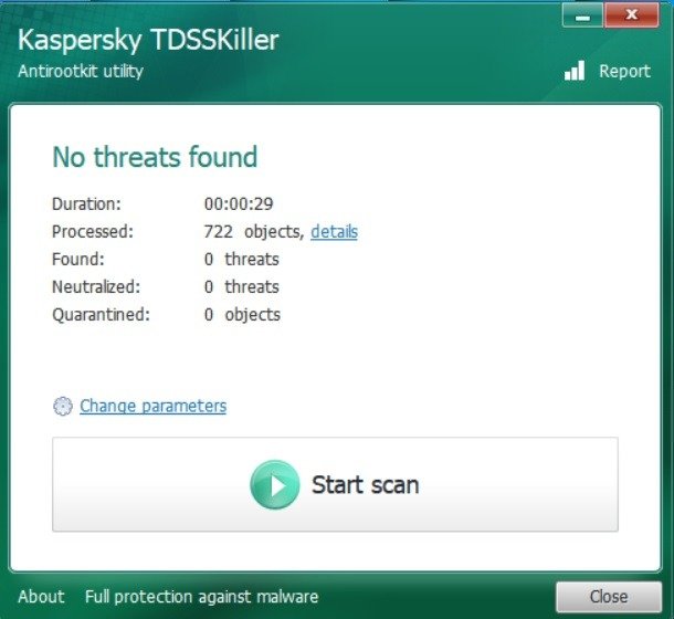 Сканирование Kaspersky TDSSKiller не выявило угроз в системе.