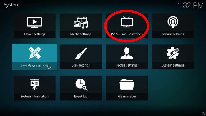 Системное меню родительского контроля Kodi