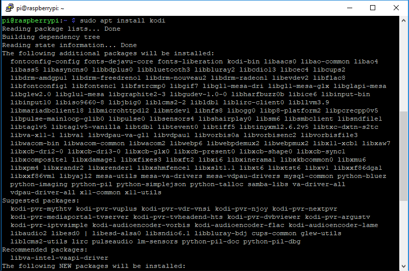 Окно терминала установки Kodi Raspbian