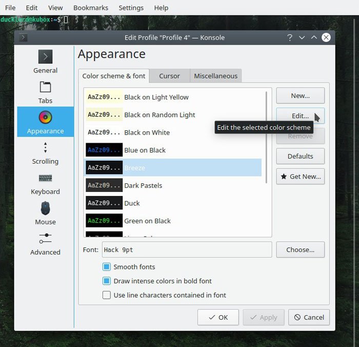 Обои Konsole Редактировать цветовую схему
