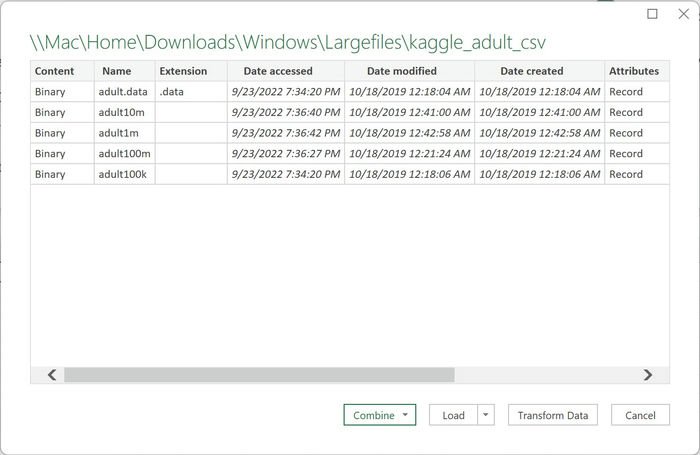 Большие файлы Excel, просмотр папки с данными