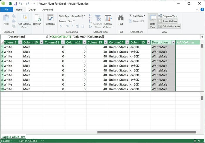 Столбец описания больших файлов Excel Power Pivot