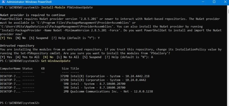 Получить команду Windowsupdate в PowerShell