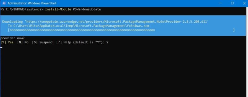 Установка NuGetprovider через PSWindowsUpdate в окне PowerShell.