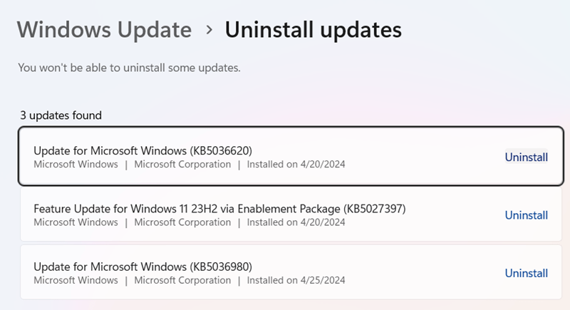 Удаление обновлений Win 11 за апрель 2024 года.