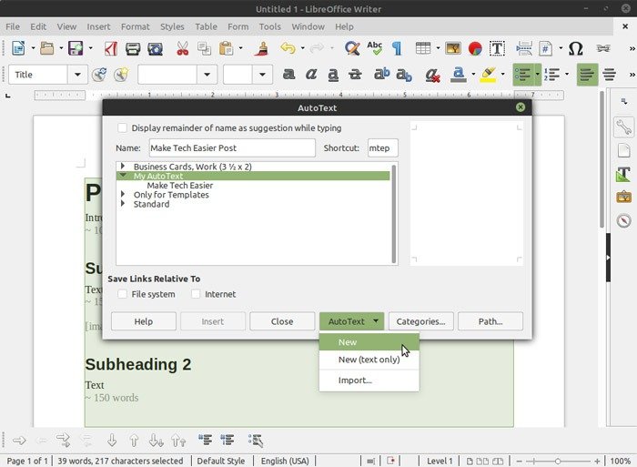 Форматирование автотекста в Libreoffice Writer