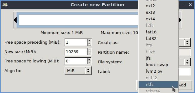 Настройки раздела Linux в формате Ntfs