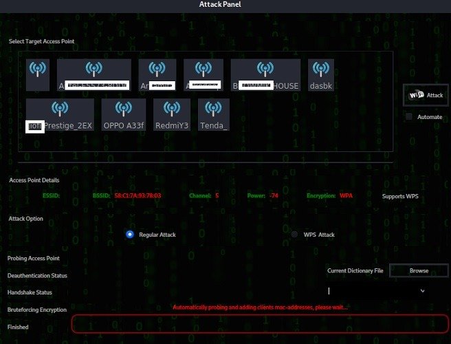 Список инструментов проникновения Kali Linux Fern Wi Fi Cracker Панель атак