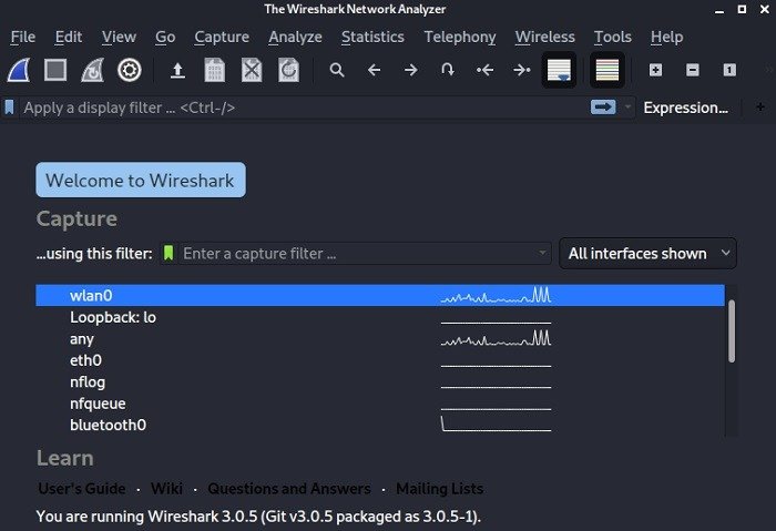 Список инструментов проникновения Kali Linux Wireshark