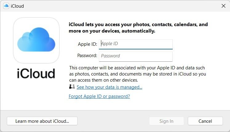 Вход с Apple ID в iCloud для Windows.