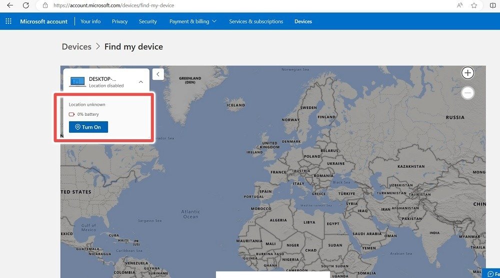 Найдите «Мое устройство» в Интернете в учетной записи Microsoft с отключенным местоположением и включите «Включить».