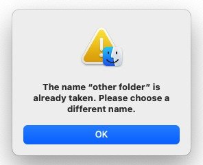 Окно ошибки Macos. Идентичные имена папок. Объединение папок на Mac.