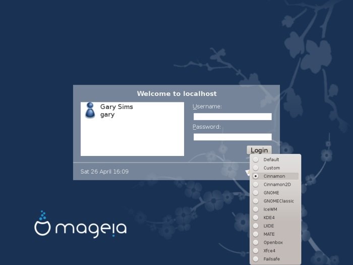 Mageia выбирает рабочий стол при входе в систему