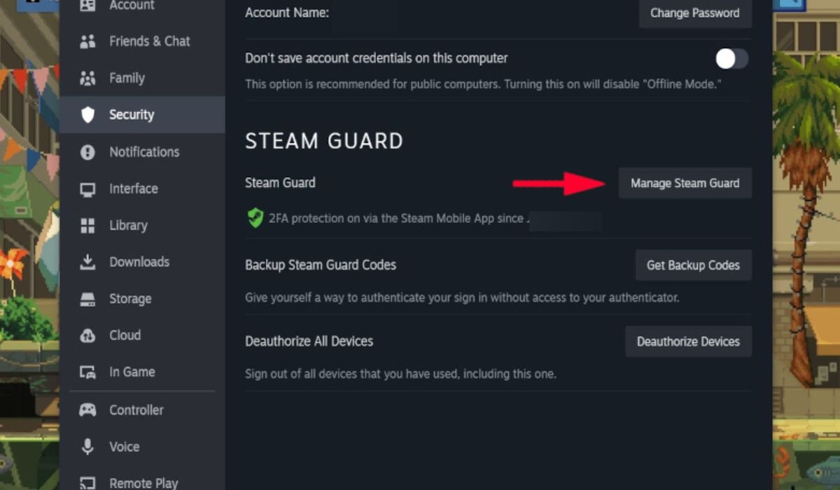 Перейдите на вкладку «Безопасность» и выберите «Управление Steam Guard».