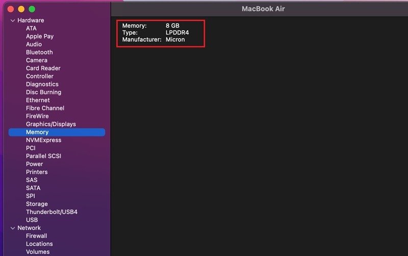 Узнайте объем памяти MacBook Air в разделе «Оборудование».