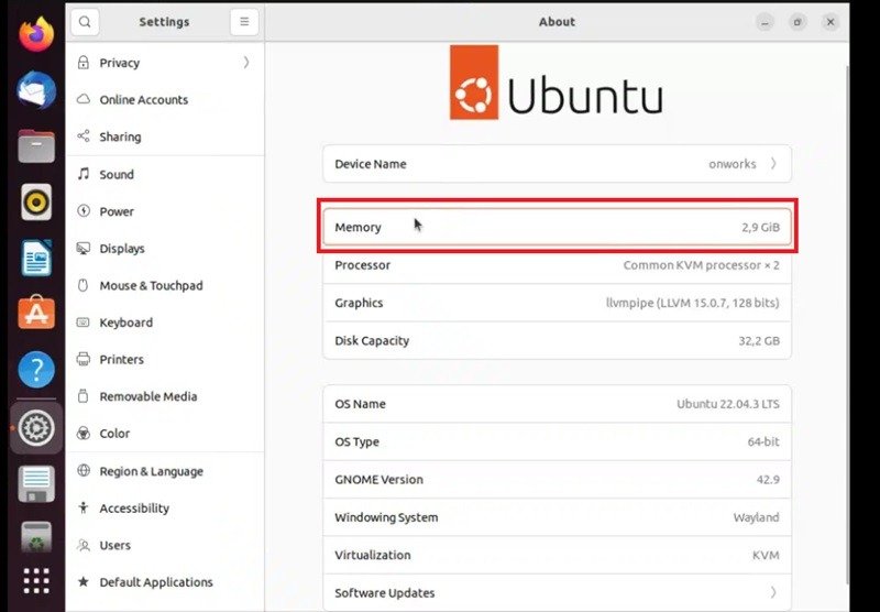 Знание памяти Ubuntu из «О программе» в «Настройках».