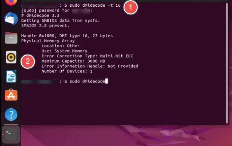 Максимальный объем памяти компьютера с Ubuntu с помощью команды dmidecode в Терминале.