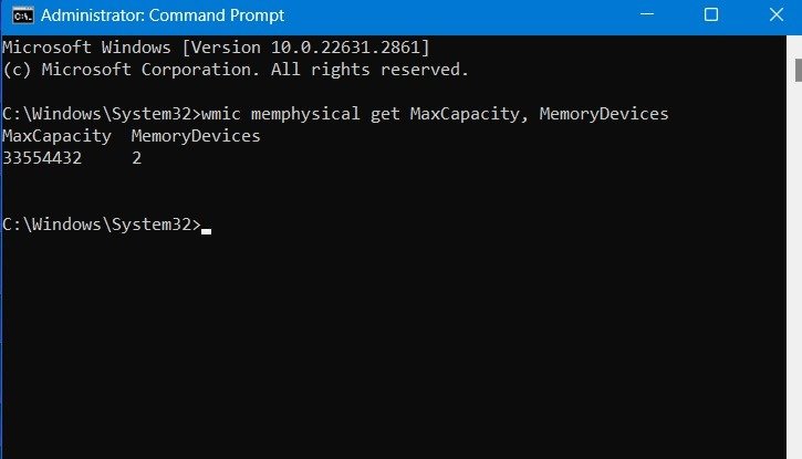 Команда MaxCapacity для определения максимального объема оперативной памяти, которую можно установить на устройство Windows.