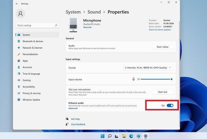 Микрофон не работает Windows11 Enhance Audio