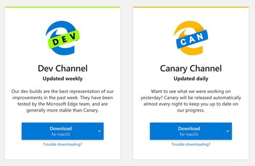 Версии Microsoft Edge для Mac
