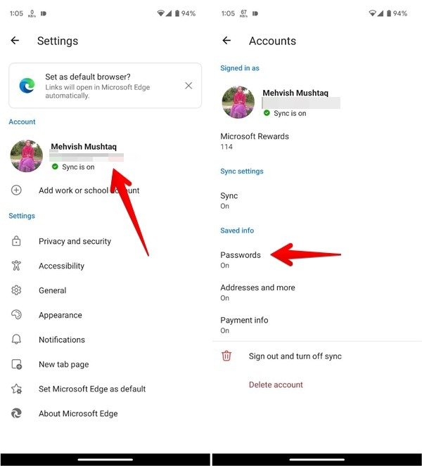 Выбор «Пароли» для пользователя в настройках Edge в мобильном приложении.