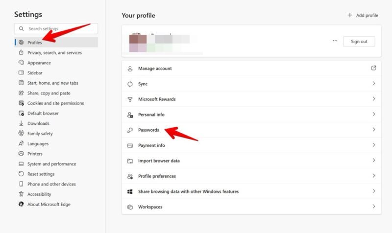 Нажмите «Пароли» в разделе «Ваш профиль» в настройках Edge.